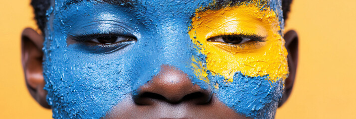 Poster - Close-up Portrait: Face with Blue and Yellow Paint