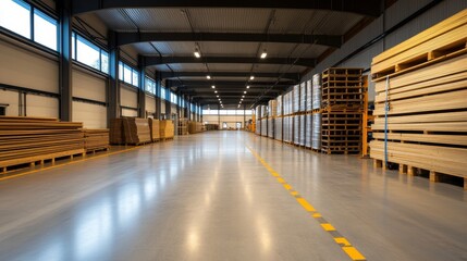 Poster - Spacious interior of a modern warehouse showcasing neatly stacked wooden pallets and boards