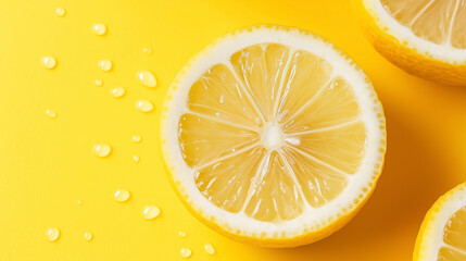 Poster - Sliced lemon showing juicy texture on vibrant yellow background with water droplets