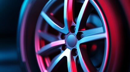 Poster - Close-up view of a modern alloy wheel with vibrant lighting effects in a studio setting
