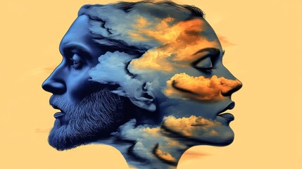 Canvas Print - A surreal double portrait of a man and woman, their faces merging with a dreamy cloudscape. Shades of blue and orange create a captivating mood.