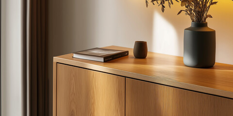Aufkleber - Sunlight illuminating modern wooden sideboard with decorations in stylish living room