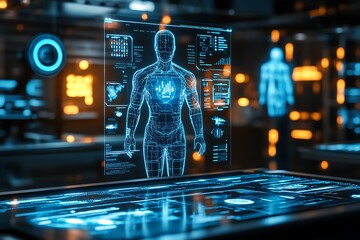 Aufkleber - Futuristic medical interface displaying a 3D human body model with vital signs and data analysis.