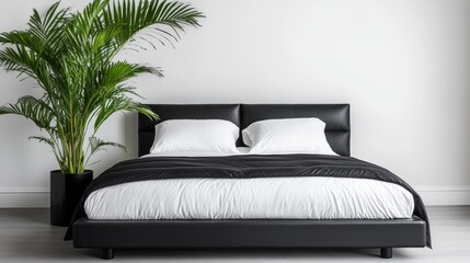 Wall Mural - Modern minimalist bedroom with black bed frame and lush green plant for elegant ambiance