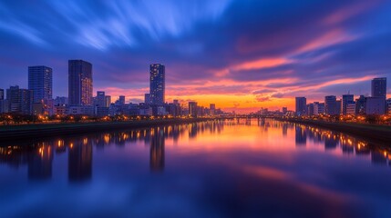 Wall Mural - scenic city skyline at sunset with vibrant color reflecting on a calm river, showcasing urban life