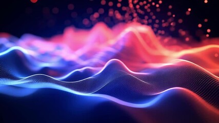 Fototapete - Particles creating a captivating futuristic landscape, featuring abstract waves and a striking mountain peak, enhanced by a bokeh effect against a dark background in vibrant red and blue tones