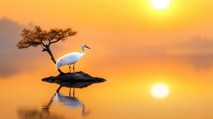 Wall Mural - Elegant white bird stands on small island during serene sunset