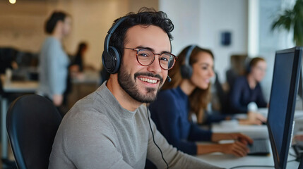 Poster - Smiling male operator working with headset in busy call center office