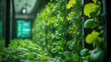 Lush vertical garden with fresh greenery in modern indoor hydroponic farm