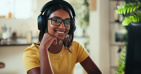 Poster - Face, coder and computer with woman at home for freelance developer, gaming programmer and research. Gameplay database, character design and remote software engineer with person and headphones