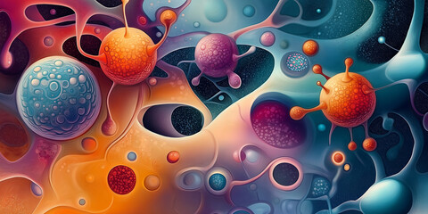 Poster - Microscopic view of colorful cells and viruses floating in abstract biological environment