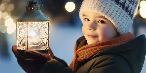 Poster - Happy child holding christmas lantern in winter forest