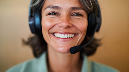 Poster - Happy female call center agent working remotely and smiling