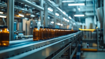 Poster - A conveyor belt transports a steady stream of milk bottles through a well-lit production facility during evening hours, showcasing efficient manufacturing processes and modern technology