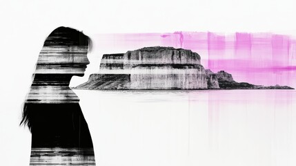 Canvas Print - Silhouette of a woman overlaid with a serene landscape featuring a majestic cliff face and a soft pink sky. A blend of monochrome and color creates a dreamy, introspective mood.