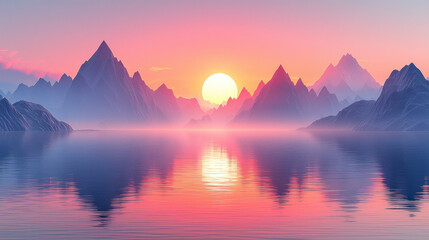 Wall Mural - Misty mountain lake sunrise reflecting peaks