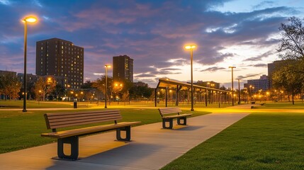 Wall Mural - serene evening in a city park showcasing benches, pathways, and illuminated buildings at dusk