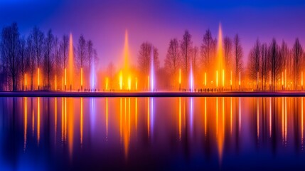 Wall Mural - vibrant night scene of illuminated fountains reflecting in still water, surrounded by trees and fog