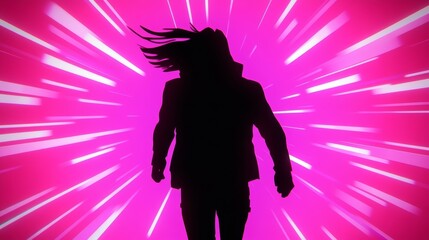 Sticker - Silhouette of a person with long hair running through a vibrant pink light tunnel. Dynamic and energetic.