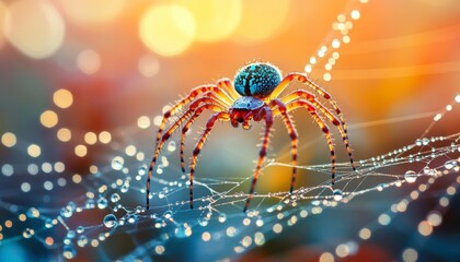 Vibrant spider on its detailed web sparkling with dew in the soft glow of morning light