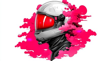 Sticker - Futuristic helmet design. A grayscale helmet with a vibrant red visor, set against a hot pink cloud-like backdrop.