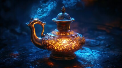 Poster - Glowing ornate teapot, smoke, dark background, fantasy scene