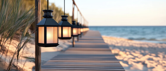 Wall Mural - A beach scene with a wooden walkway