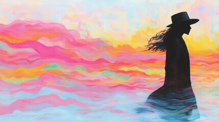 Canvas Print - Silhouette of a woman in a hat walking into a vibrant, colorful sunset. Dreamlike and surreal.