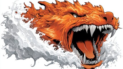 Sticker - Fierce orange beast emerging from the water, its teeth bared in a powerful roar. Dynamic digital art.