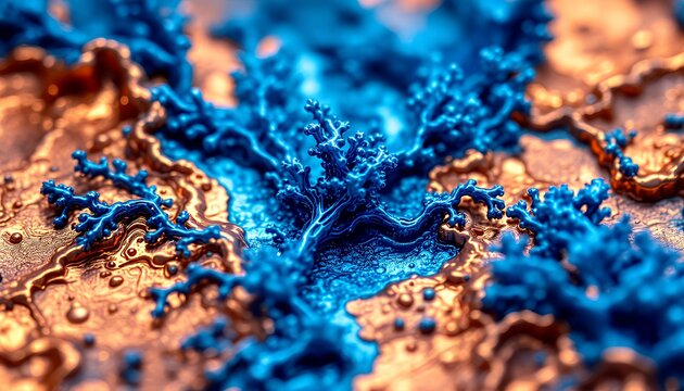 Abstract Blue Branching Forms on Golden Surface Macro Detail