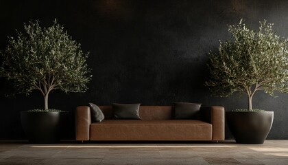 Wall Mural - Stunning black modern lounge with brown leather sofa and olive trees in elegant planters