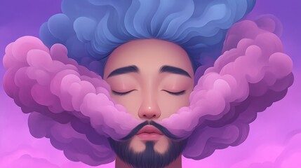 Wall Mural - A serene portrait of a young man with vibrant blue hair, enveloped in soft purple and pink clouds.  Tranquil and dreamy.