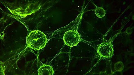 Poster - Green Microscopic View of Cells in a Dark Background