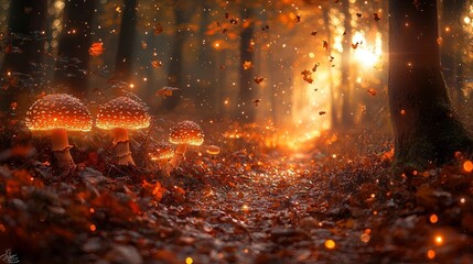 Wall Mural - Magical Autumn Forest with Glowing Mushrooms and Golden Leaves Illuminated by Soft Sunlight