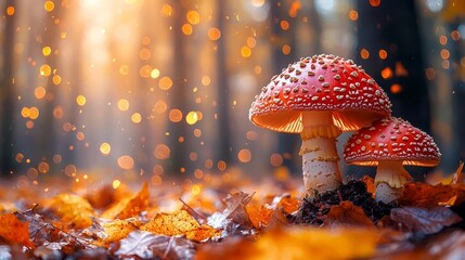 Wall Mural - Glowing Autumn Mushrooms in Magical Forest Illuminated by Soft Sunlight