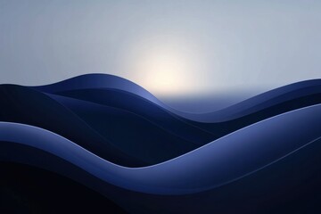 Poster - Abstract design featuring smooth curved lines on a blue gradient background. Minimalist style with blurred shapes and a single line of light