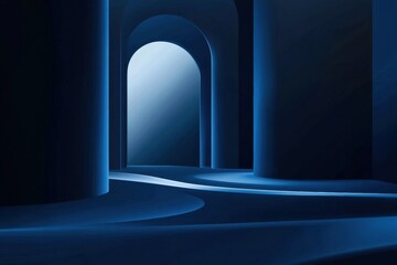 Poster - Minimalist design featuring a dark blue gradient background with smooth, curved lines and blurred shapes, creating a sense of depth and elegance