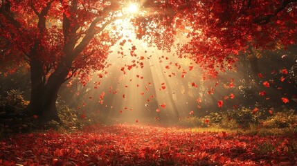 Wall Mural - enchanting autumn forest with glowing leaves falling into misty valley creating surreal dreamlike la