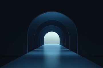 Poster - Minimalist design featuring a tunnel with smooth, curved lines and a blue gradient. Light shines through, creating a serene, futuristic ambiance