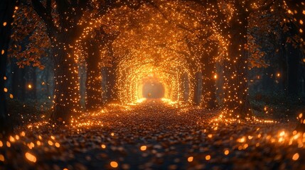 Wall Mural - Surreal Autumn Forest Tunnel of Glowing Vines and Falling Leaves with Vibrant Lighting