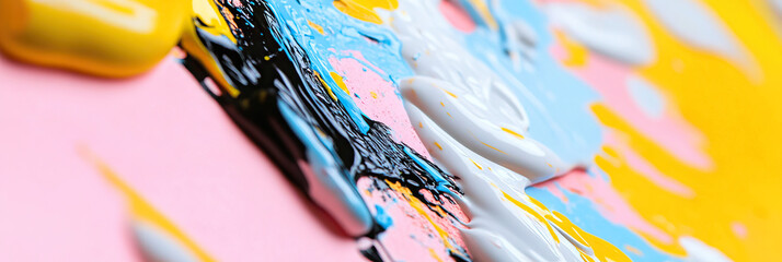 Poster - Abstract Painting with Black, White, Blue, Pink, and Yellow Acrylic Paint