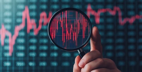 Poster - Business professional using a magnifying glass to examine a virtual stock market graph, symbolizing financial analysis and data insights