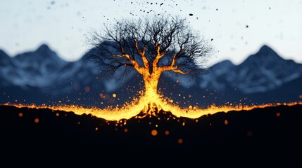 Poster - A fiery tree against a mountain backdrop. Embers glow at its base, creating a surreal, magical scene.