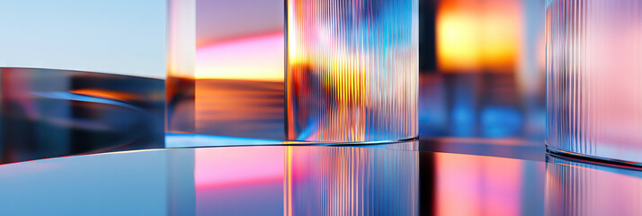 Poster - Reflective Glass Cylinders and Prisms with Blurred Sunset Background