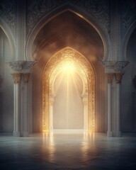 Poster - Radiant light through ornate archway serene interior digital artwork mystical atmosphere low angle enlightenment