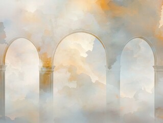 Poster - Mystical architectural arches in dreamy atmosphere abstract art cloudy environment artistic perspective