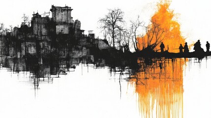 Poster - Silhouetted figures walk past a burning city, a stark contrast of black and orange.