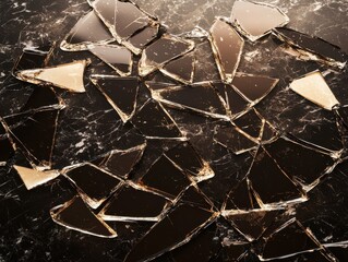 Poster - Shattered glass pieces artistic display dark marble surface close-up fragility concept