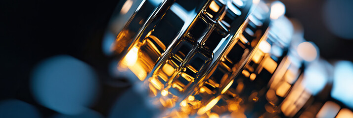Poster - Close-up of Reflective Geometric Object with Gold and Blue Lighting
