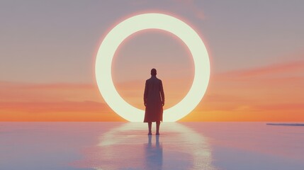 Poster - A person stands before a glowing ring, silhouetted against a vibrant sunset.  A moment of contemplation and possibility.